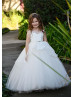 Beaded Ivory Lace Polka Dot Tulle Peplum Flower Girl Dress Beaded Ivory Lace Polka Dot Tulle Peplum Flower Girl Dress